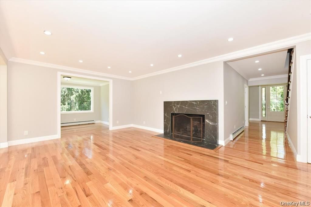 Empty room, Fireplace, Interior, Recessed Lighting, Wood Texture Flooring