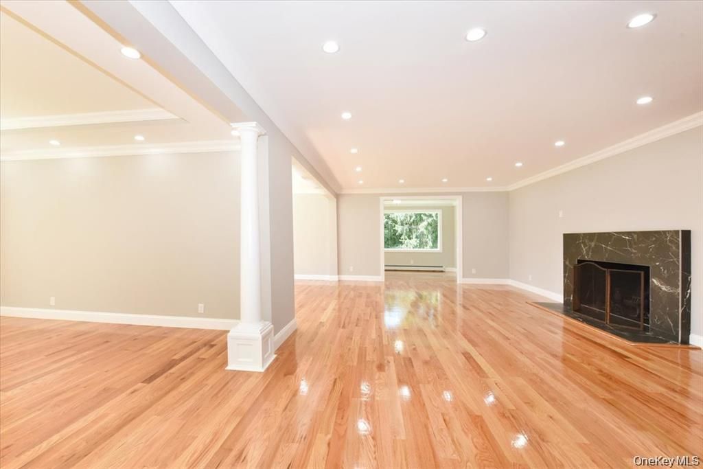 Empty room, Fireplace, Interior, Recessed Lighting, Wood Texture Flooring