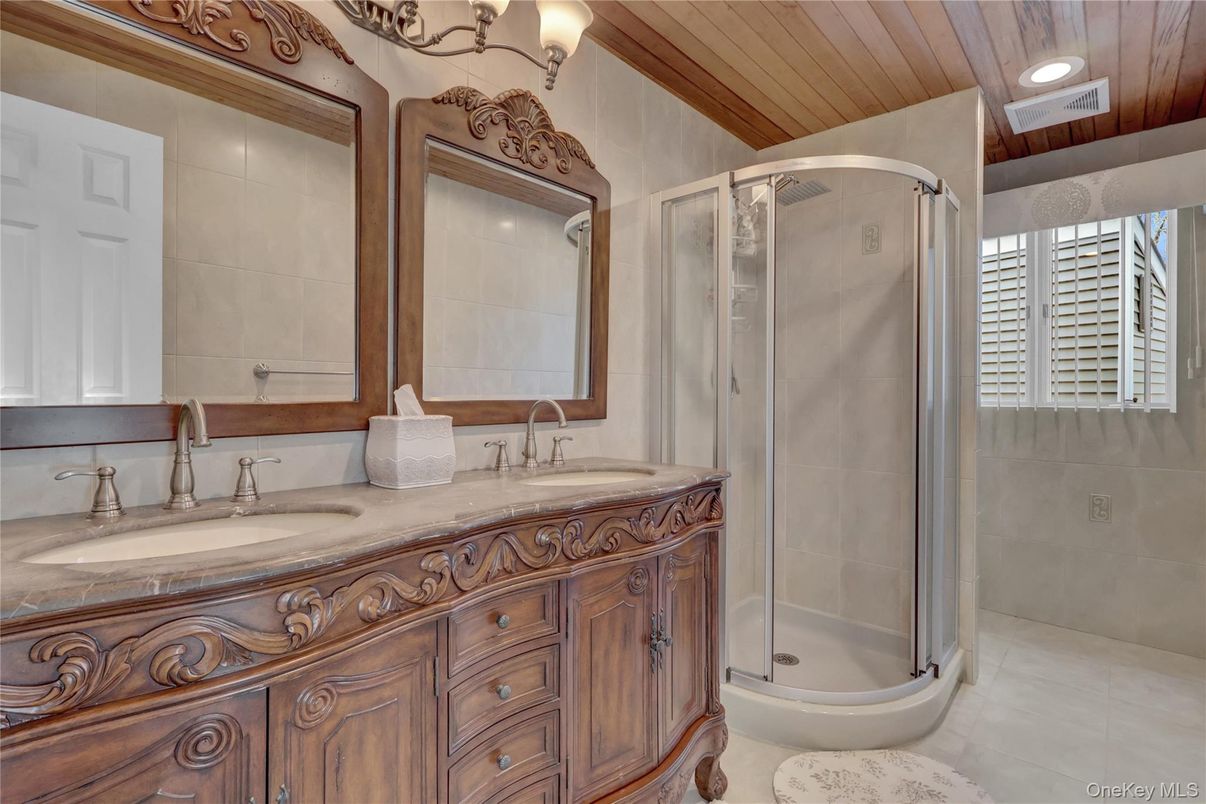 Bathroom, Dual Sink Vanities, Glass Shower, Interior, Recessed Lighting, Wooden Ceilings