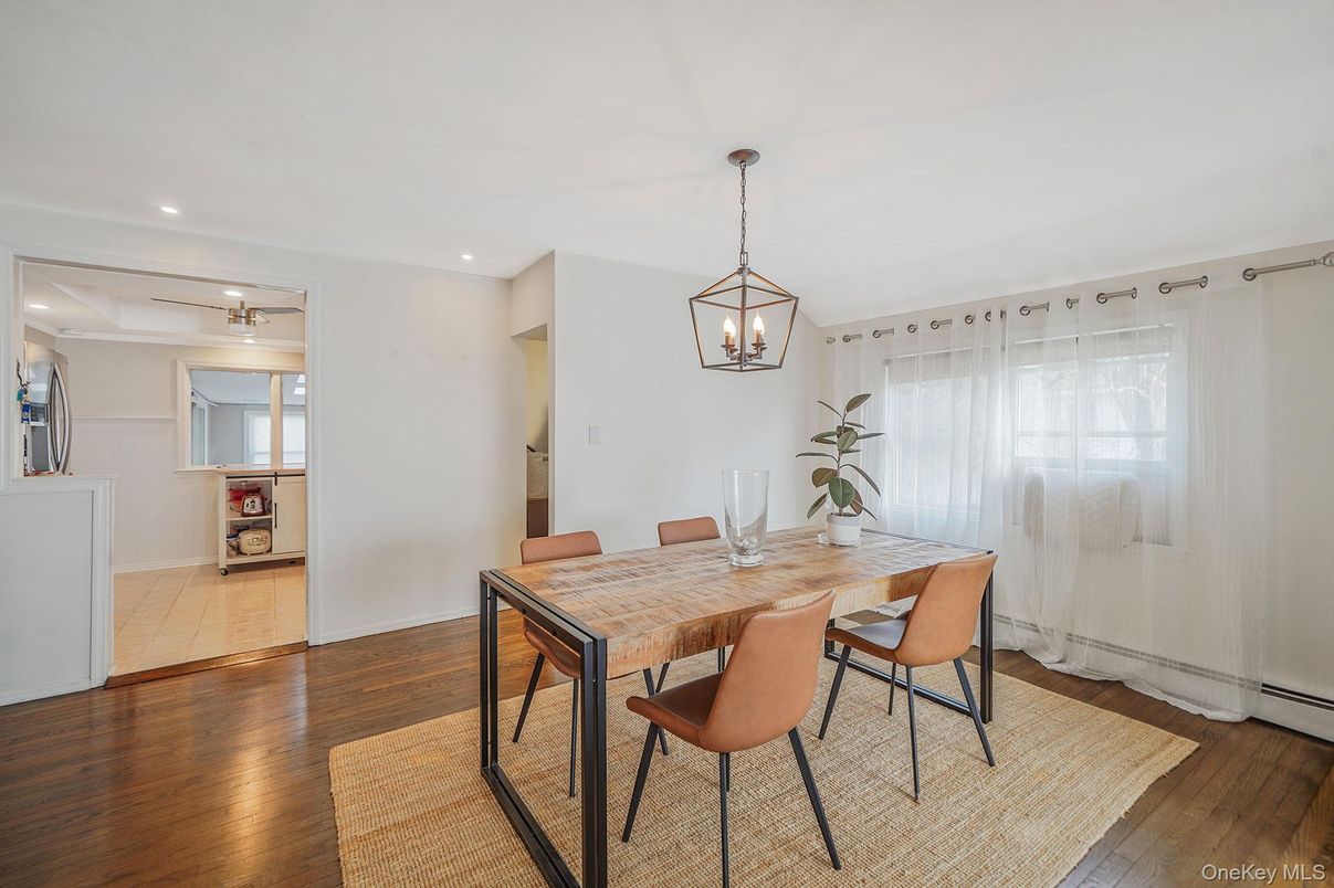 Dining room, Interior, Pendant Lights, Recessed Lighting, Wood Texture Flooring