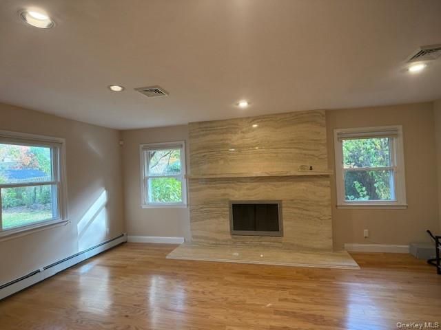 Empty room, Fireplace, Interior, Marble Walls, Recessed Lighting, Wood Texture Flooring