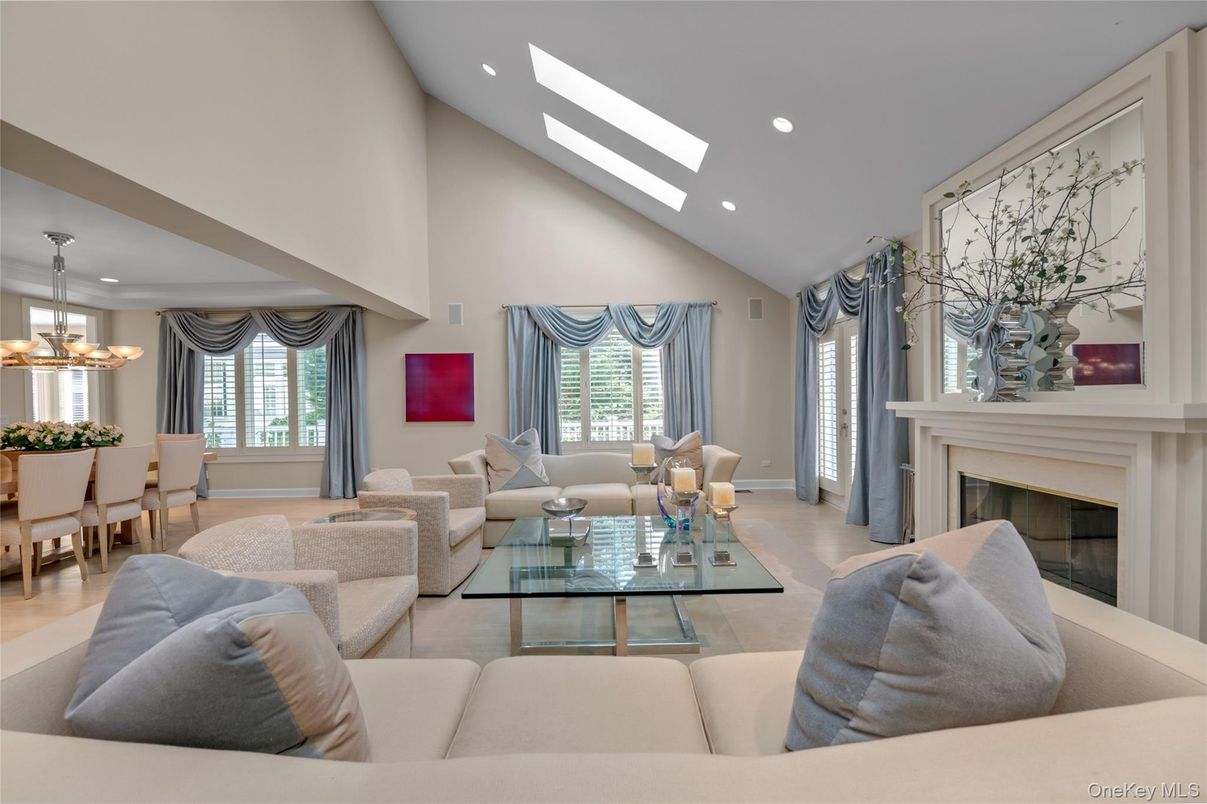 Chandelier, Dining room, Fireplace, Interior, Living room, Recessed Lighting