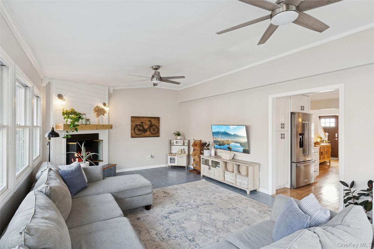 Fireplace, Interior, Kitchen, Living room, Stainless Steel Appliances, Wood Texture Flooring