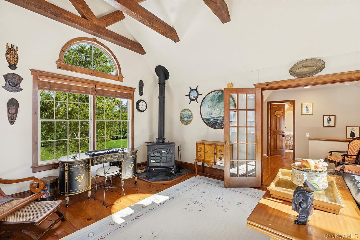 Fireplace, Home Office, Interior, Wooden Beams, Wood Texture Flooring