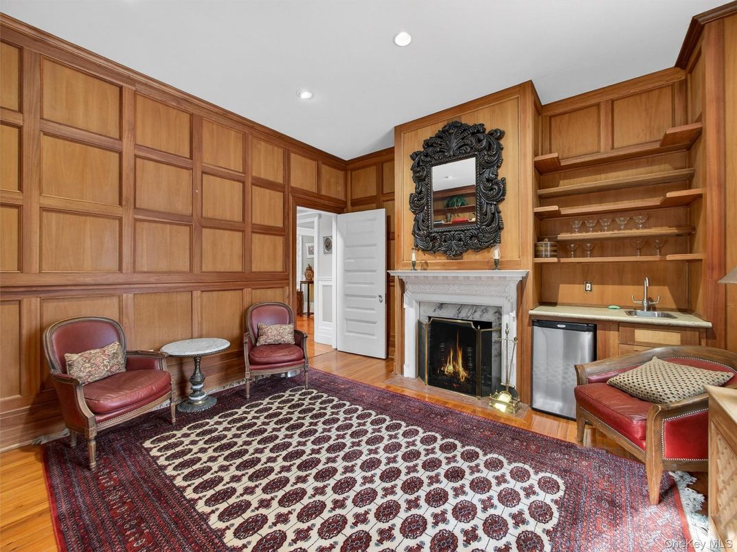 Fireplace, Interior, Recessed Lighting, Wood Texture Flooring, Wooden Walls