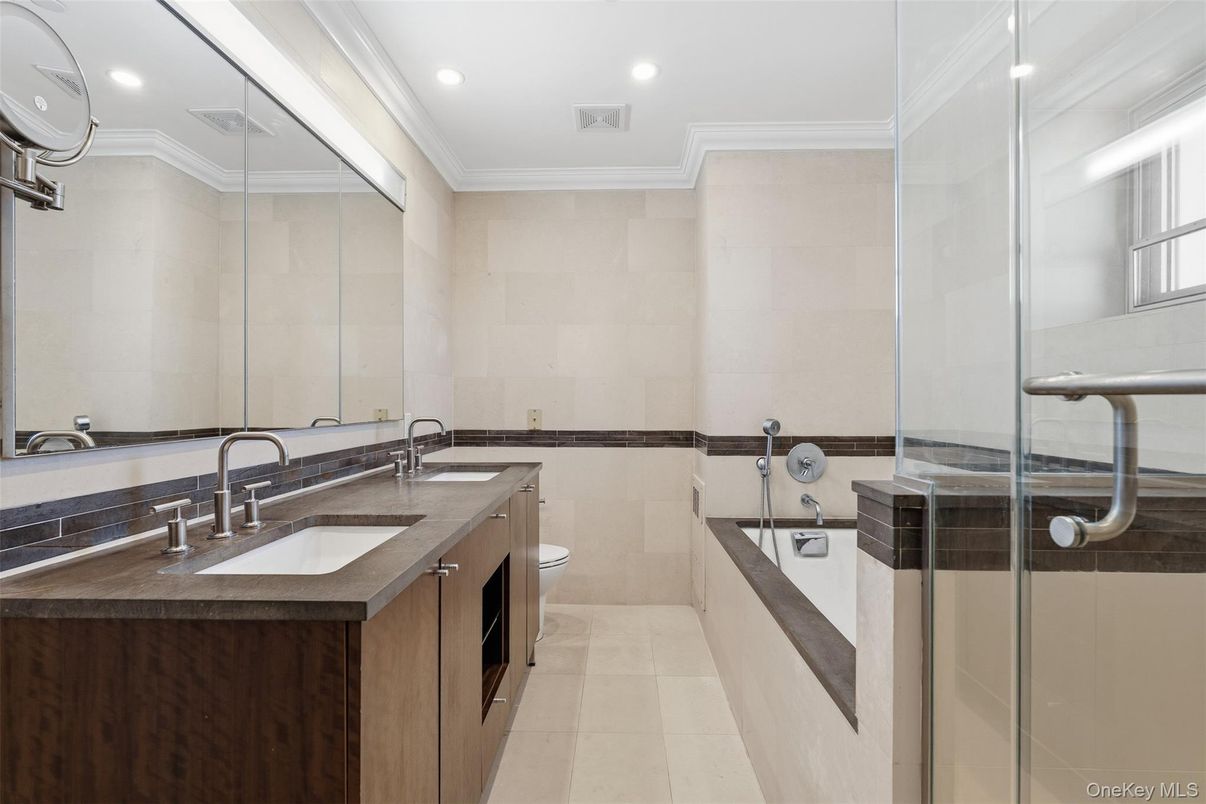 Bathroom, Dual Sink Vanities, Glass Shower, Interior, Recessed Lighting