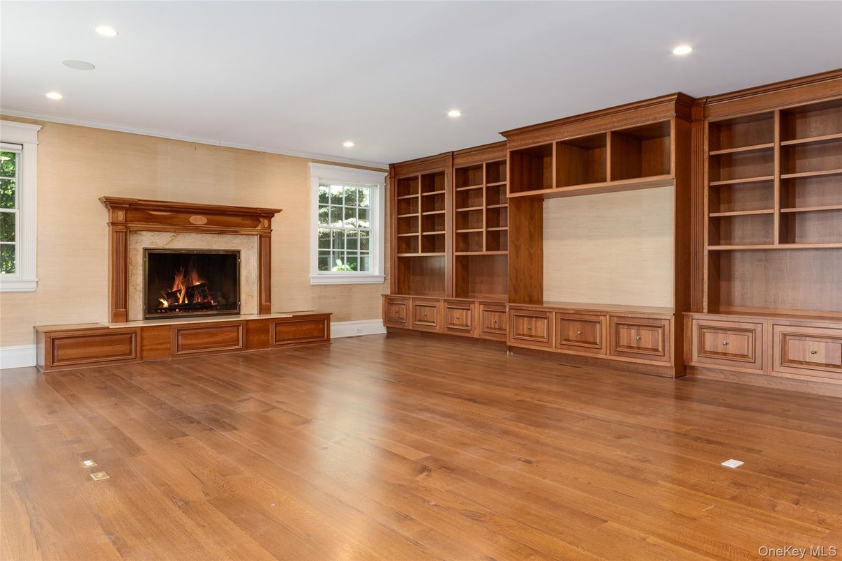 Empty room, Fireplace, Interior, Recessed Lighting, Wood Texture Flooring