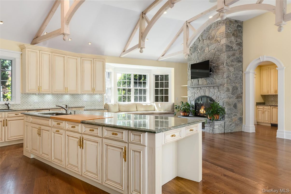 Fireplace, Interior, Kitchen, Recessed Lighting, Stone Walls, Wooden Beams, Wood Texture Flooring