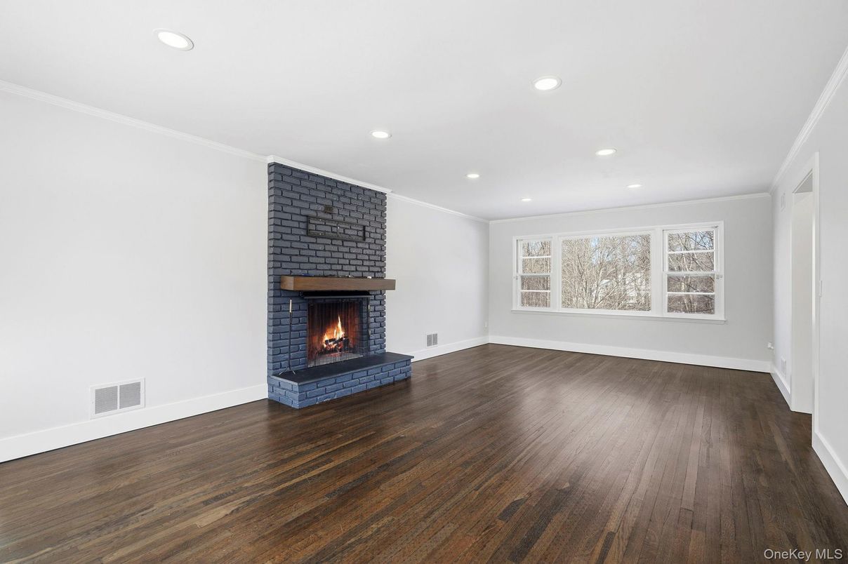 Empty room, Fireplace, Interior, Recessed Lighting, Wood Texture Flooring