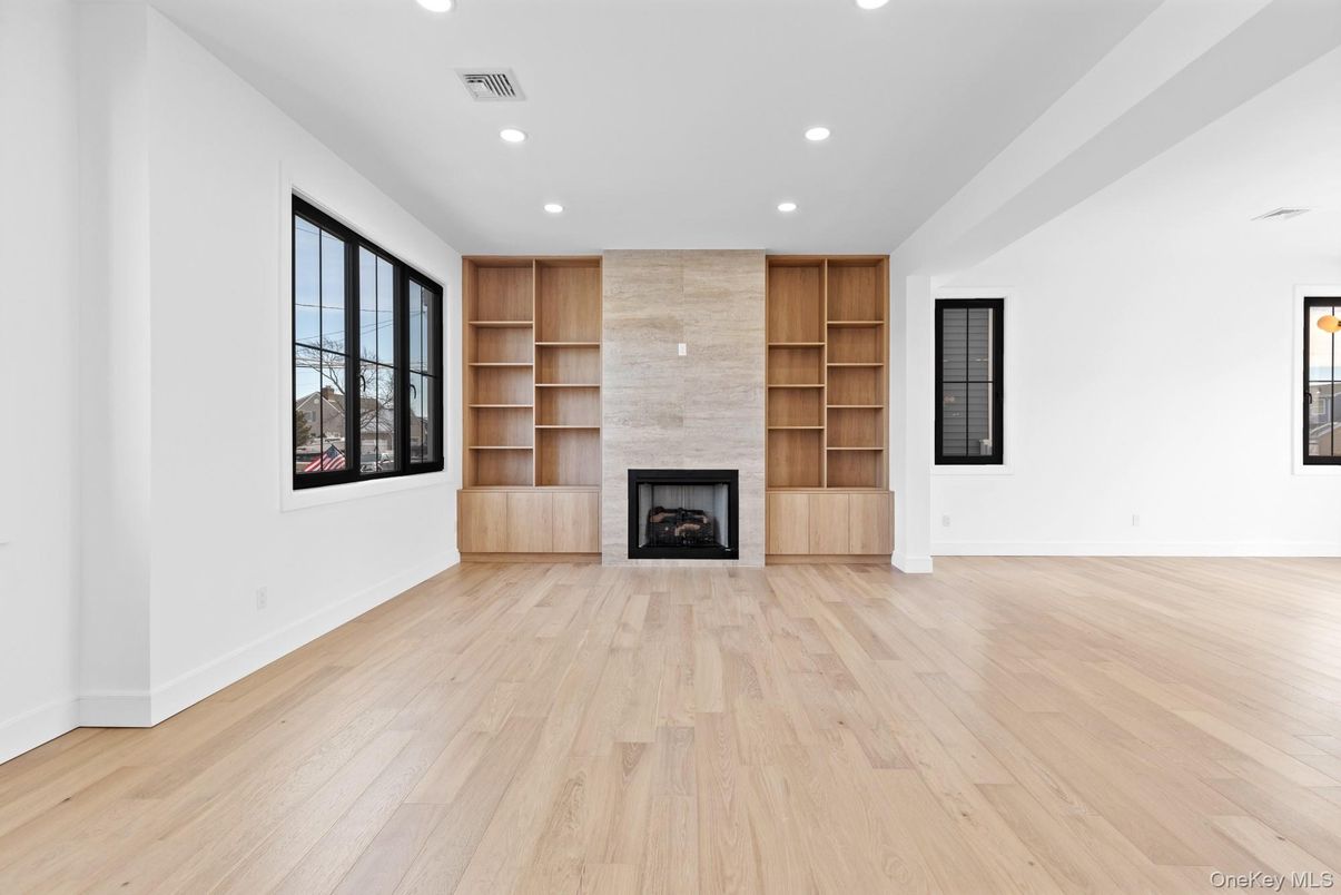 Empty room, Fireplace, Interior, Recessed Lighting, Wood Texture Flooring