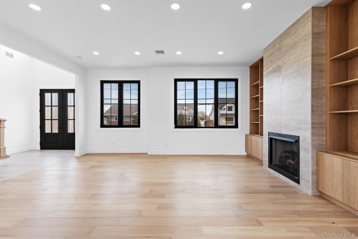 Empty room, Fireplace, Interior, Recessed Lighting, Wood Texture Flooring