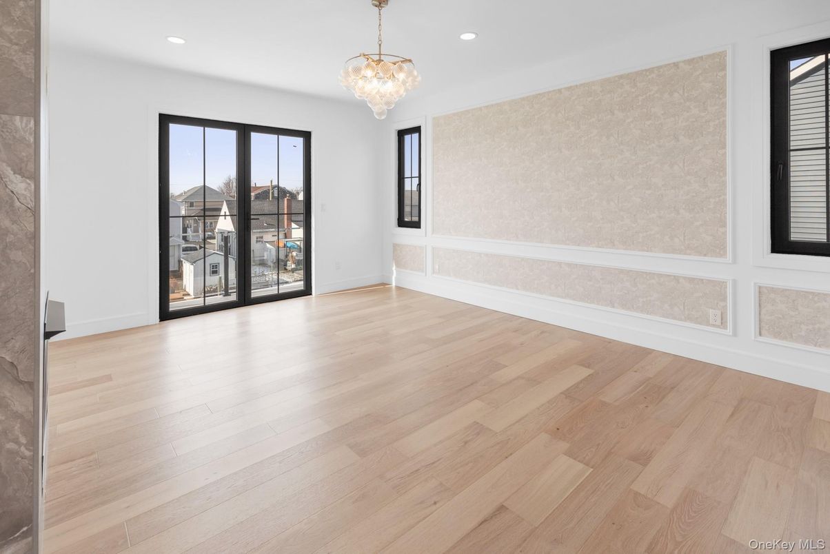 Chandelier, Empty room, Interior, Recessed Lighting, Wood Texture Flooring