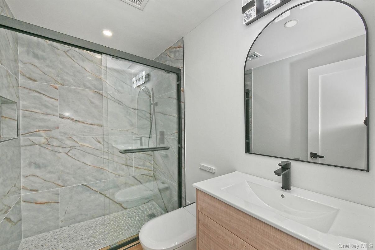 Bathroom, Glass Shower, Interior, Marble Walls, Recessed Lighting