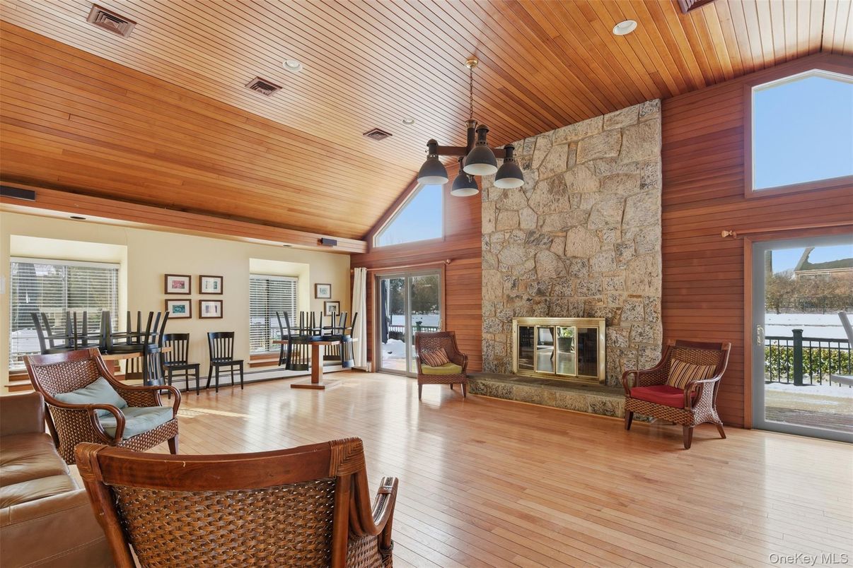 Fireplace, Interior, Recessed Lighting, Stone Walls, Wooden Ceilings, Wood Texture Flooring, Wooden Walls
