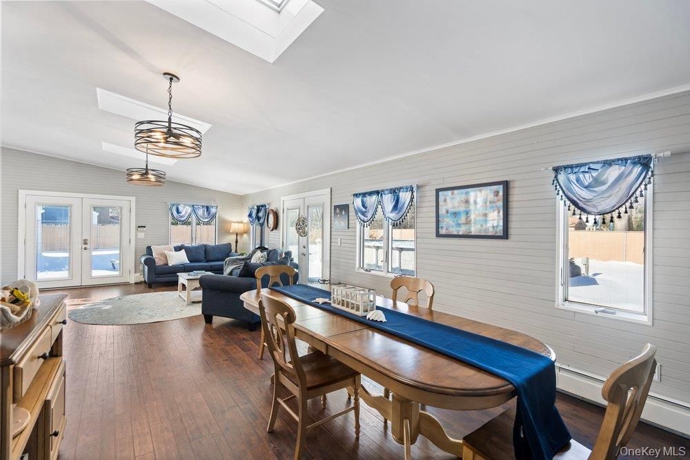 Dining room, Interior, Living room, Pendant Lights, Wood Texture Flooring