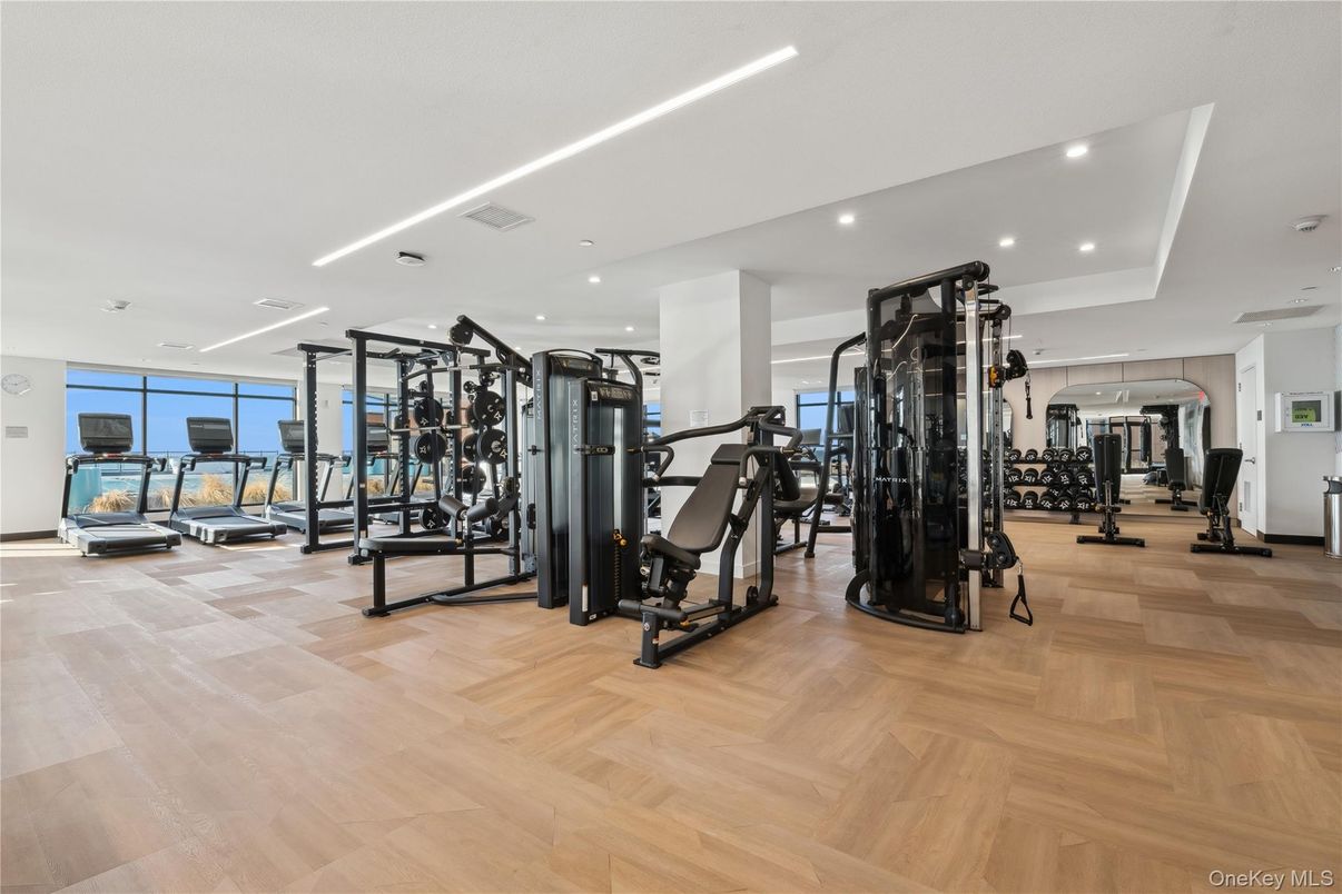 Fitness Equipment, Gym, Interior, Recessed Lighting, Wood Texture Flooring