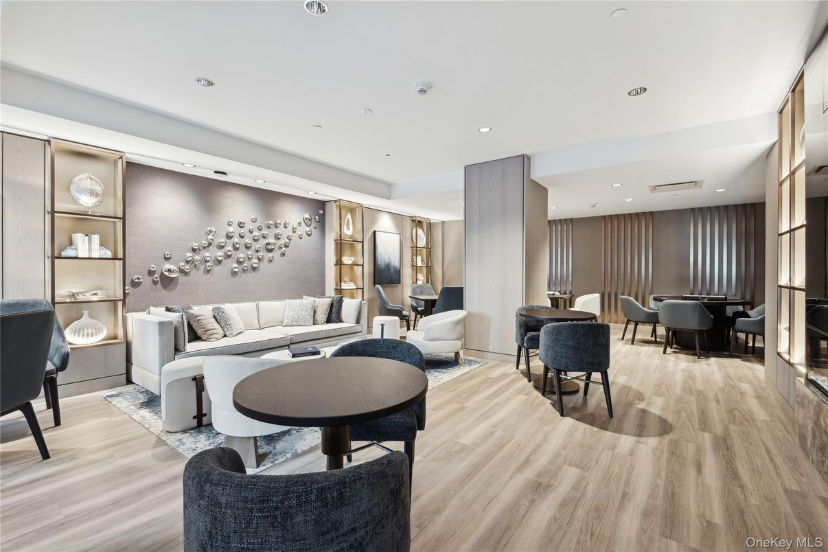 Dining room, Interior, Living room, Recessed Lighting, Wood Texture Flooring