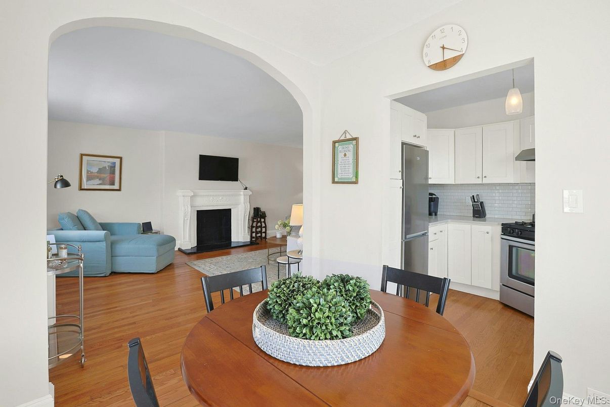 Dining room, Fireplace, Interior, Kitchen, Living room, Pendant Lights, Wood Texture Flooring