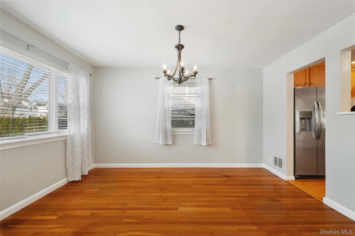 Chandelier, Empty room, Interior, Kitchen, Stainless Steel Appliances, Wood Texture Flooring