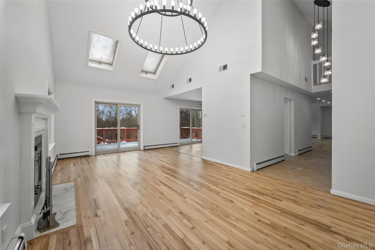 Fireplace, Glass Ceilings, Interior, Pendant Lights, Wood Texture Flooring