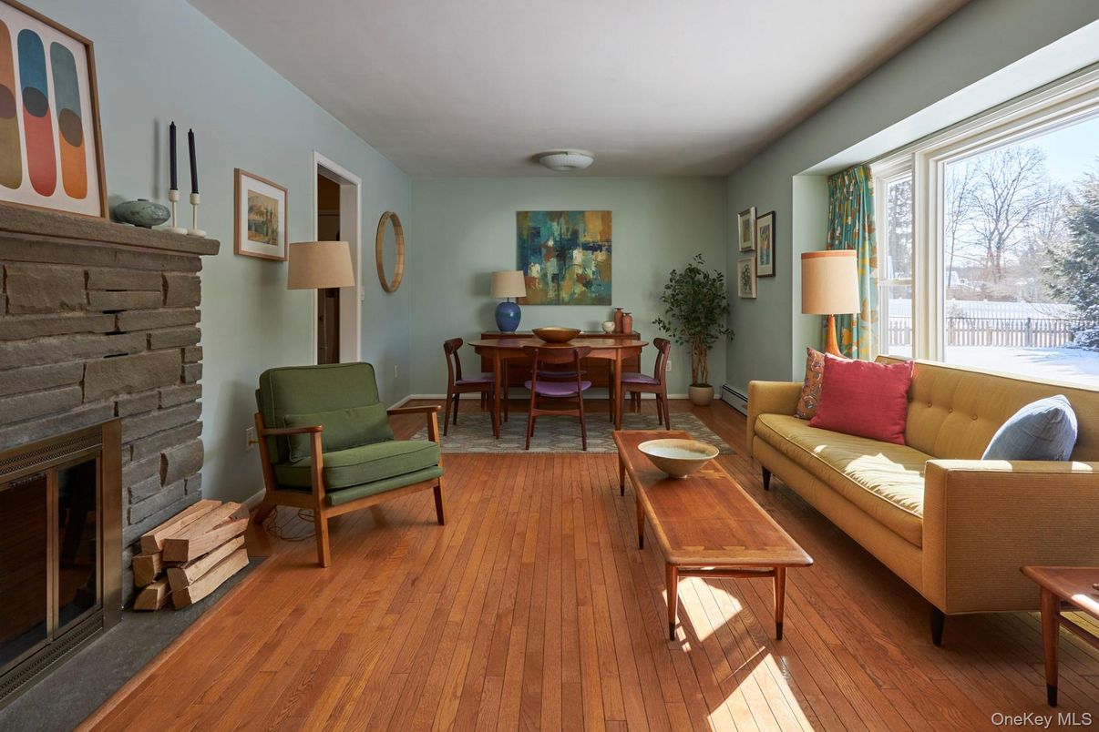 Dining room, Fireplace, Interior, Living room, Stone Walls, Wood Texture Flooring