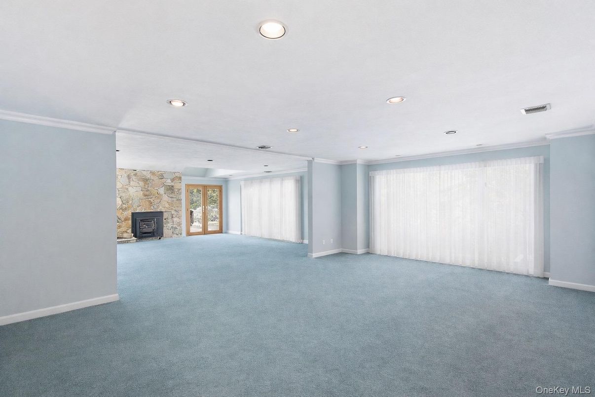 Empty room, Fireplace, Interior, Recessed Lighting, Stone Walls