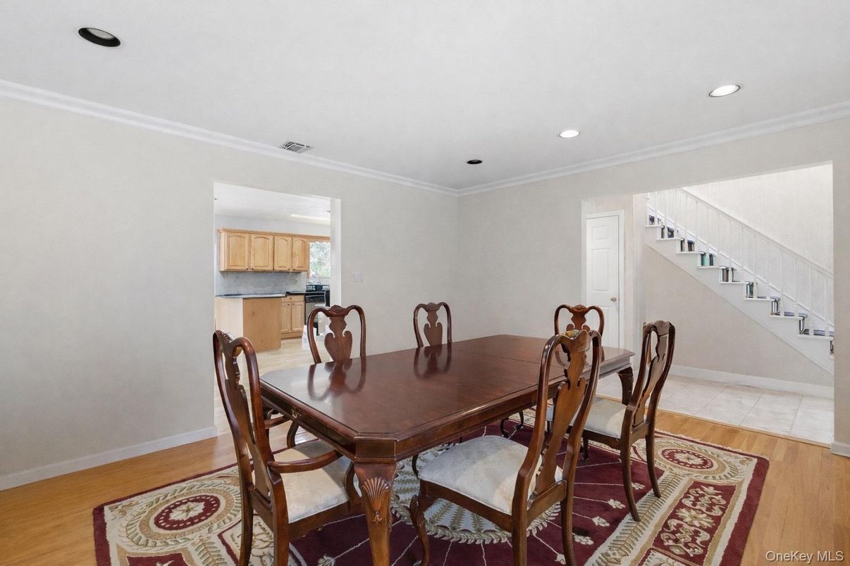 Dining room, Interior, Recessed Lighting, Wood Texture Flooring