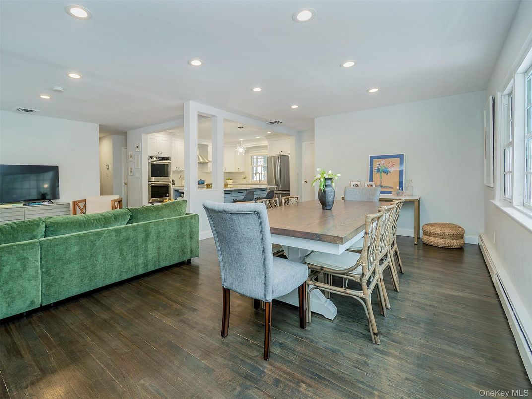 Dining room, Interior, Kitchen, Living room, Recessed Lighting, Stainless Steel Appliances, Wood Texture Flooring