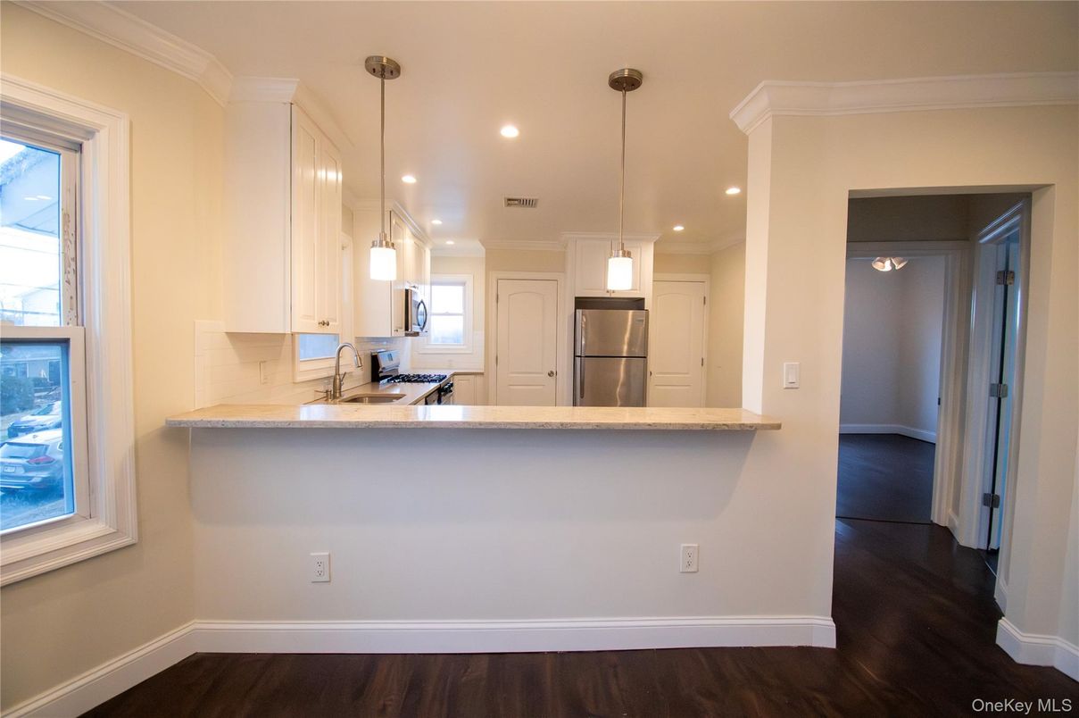 Interior, Kitchen, Pendant Lights, Recessed Lighting, Stainless Steel Appliances, Wood Texture Flooring