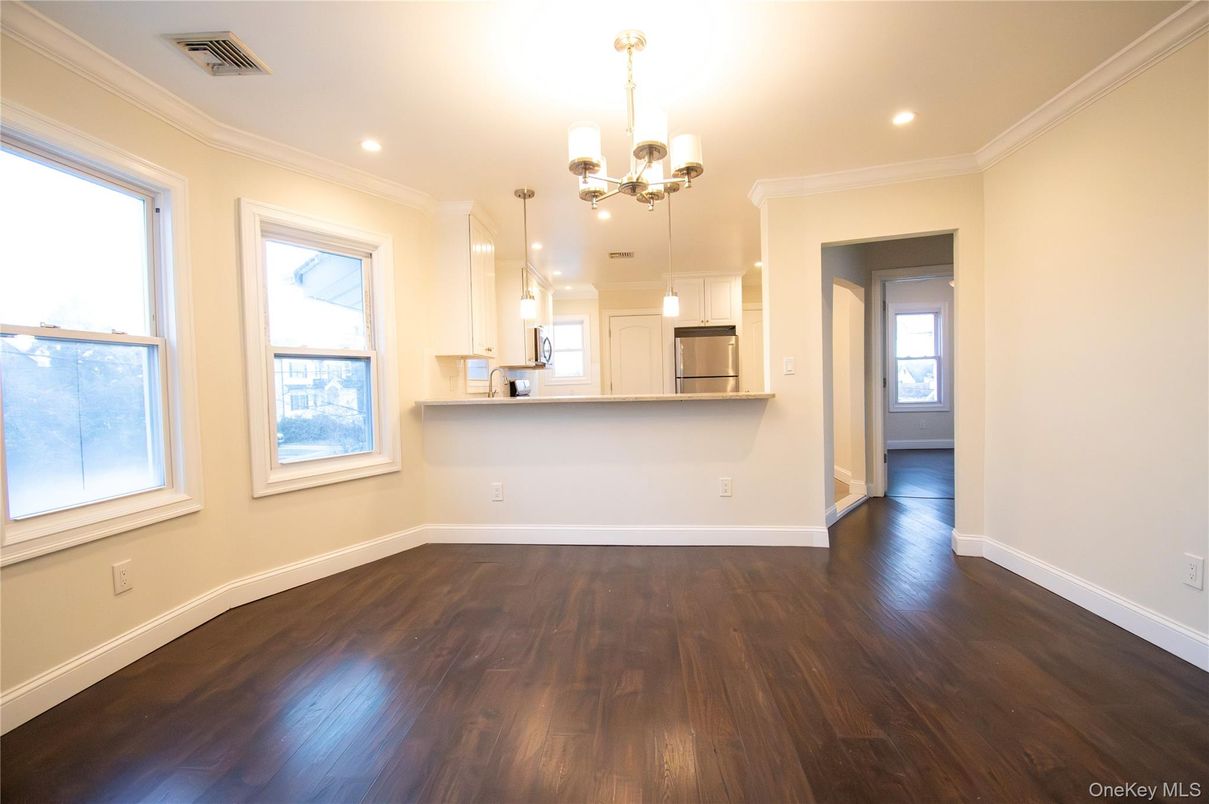 Chandelier, Empty room, Interior, Kitchen, Pendant Lights, Recessed Lighting, Wood Texture Flooring