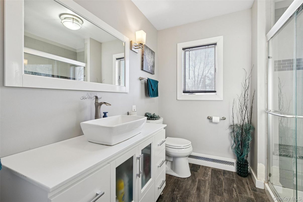 Bathroom, Glass Shower, Interior, Wood Texture Flooring