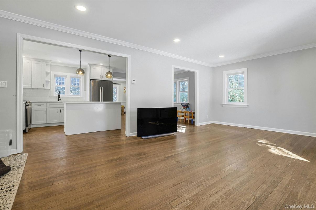 Empty room, Interior, Kitchen, Pendant Lights, Recessed Lighting, Wood Texture Flooring