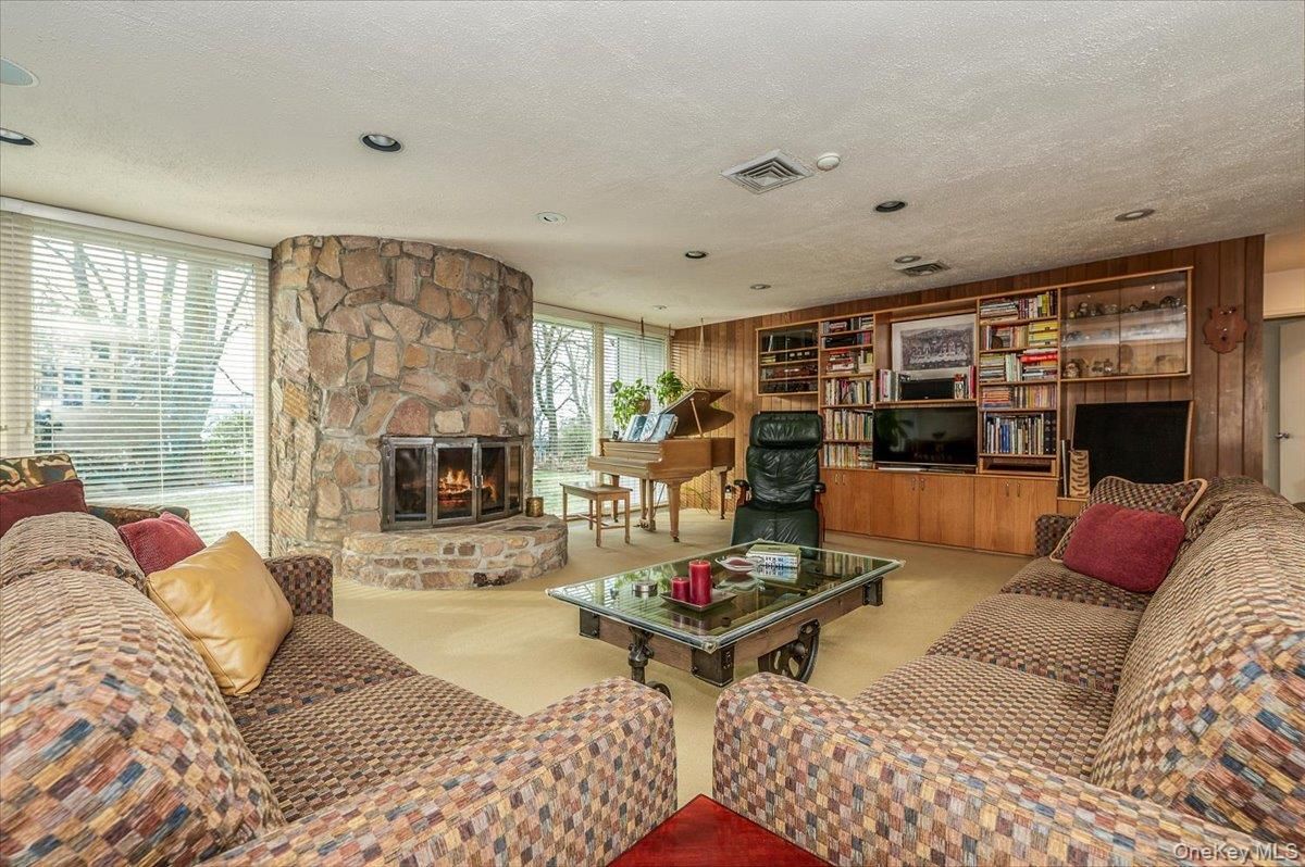 Fireplace, Interior, Living room, Recessed Lighting, Stone Walls