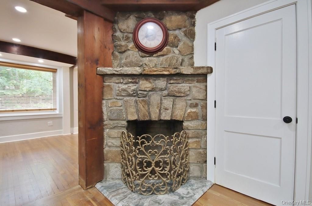 Fireplace, Interior, Recessed Lighting, Stone Walls, Wood Texture Flooring