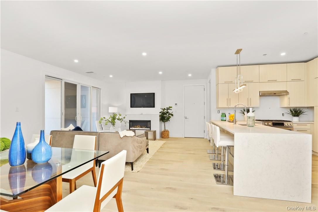 Dining room, Fireplace, Interior, Kitchen, Living room, Pendant Lights, Recessed Lighting, Wood Texture Flooring