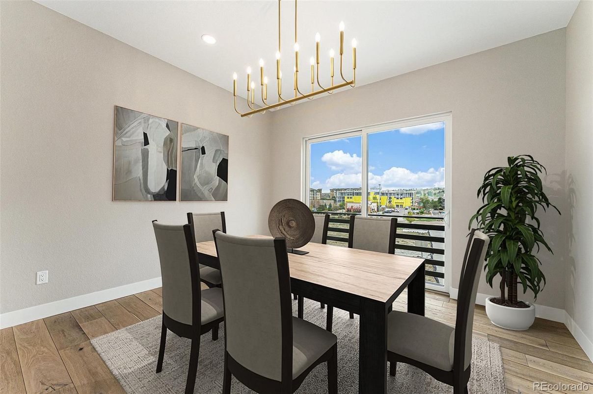 Dining room, Interior, Pendant Lights, Recessed Lighting, Wood Texture Flooring