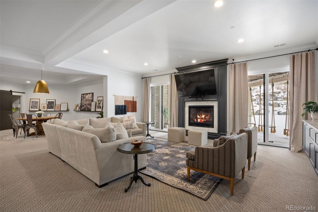 Dining room, Fireplace, Interior, Living room, Pendant Lights, Recessed Lighting
