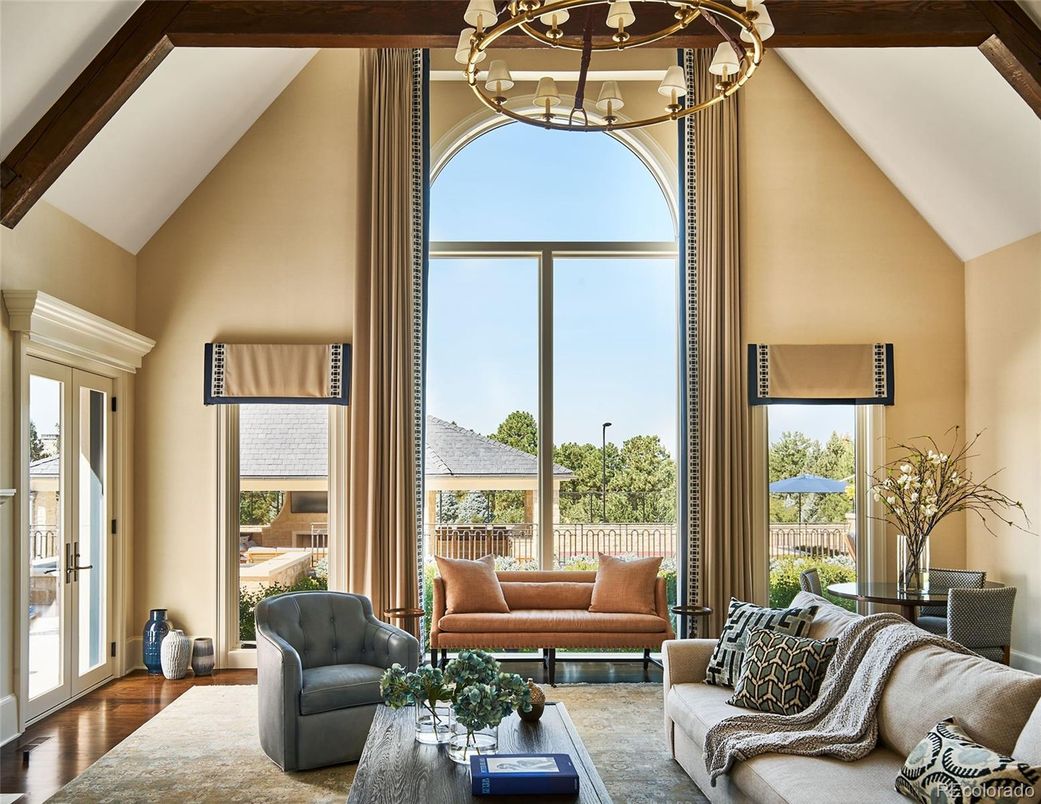Chandelier, Interior, Living room, Wooden Beams, Wood Texture Flooring