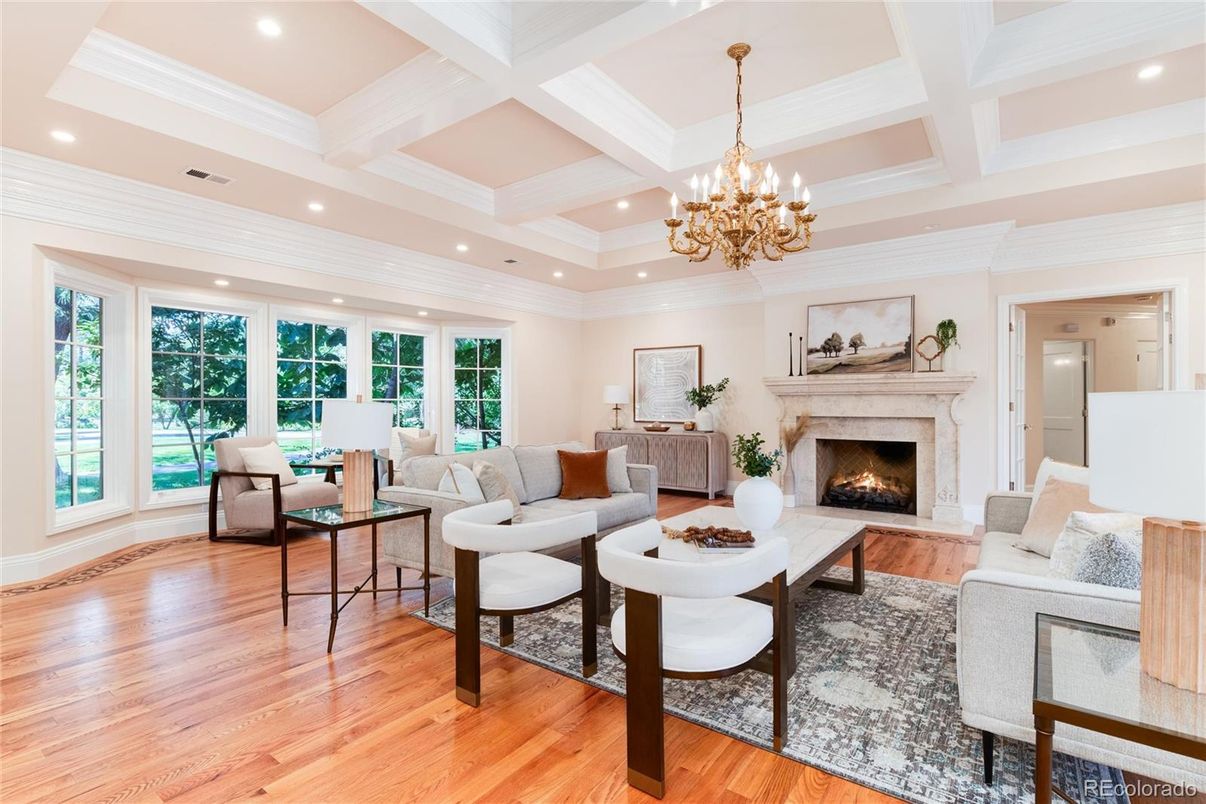 Chandelier, Fireplace, Interior, Living room, Recessed Lighting, Wood Texture Flooring