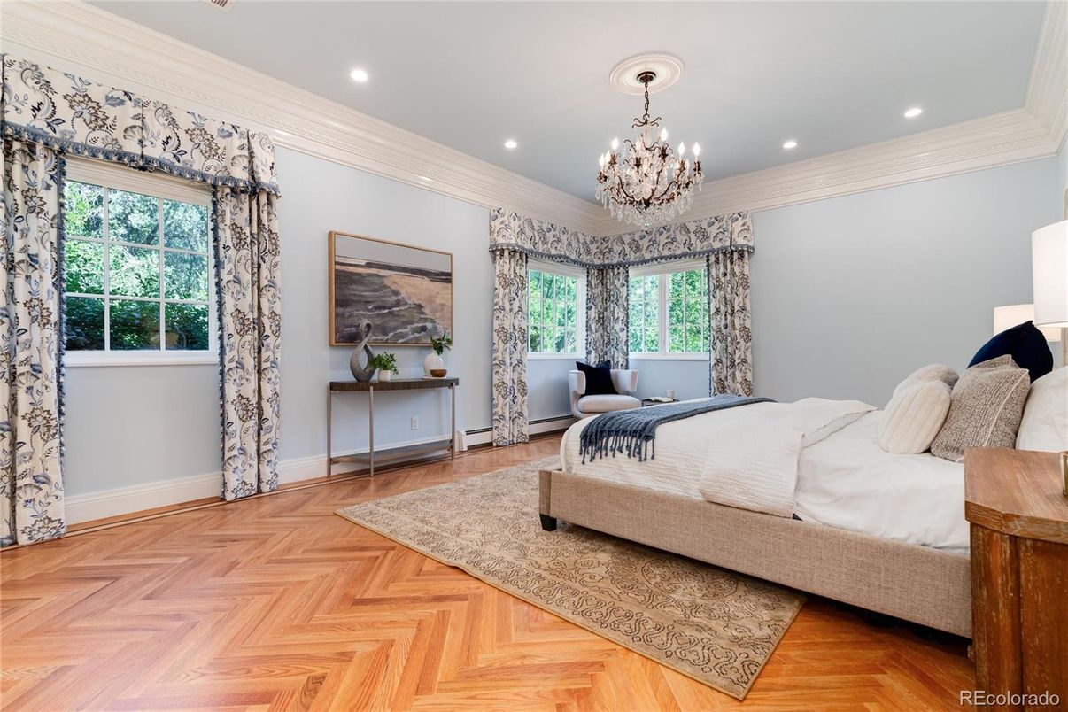 Bedroom, Chandelier, Interior, Recessed Lighting, Wood Texture Flooring