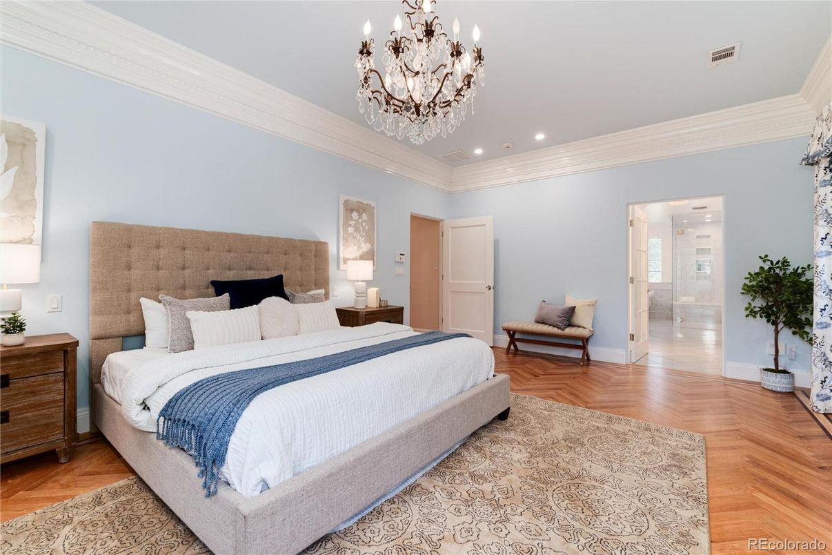 Bedroom, Chandelier, Interior, Recessed Lighting, Wood Texture Flooring