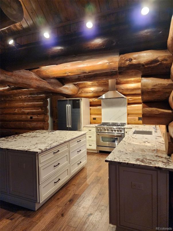 Interior, Kitchen, Recessed Lighting, Stainless Steel Appliances, Wooden Ceilings, Wood Texture Flooring