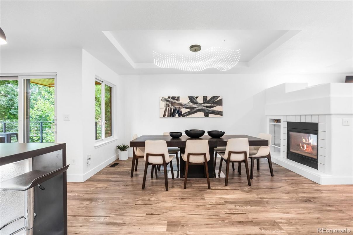 Chandelier, Dining room, Fireplace, Interior, Wood Texture Flooring