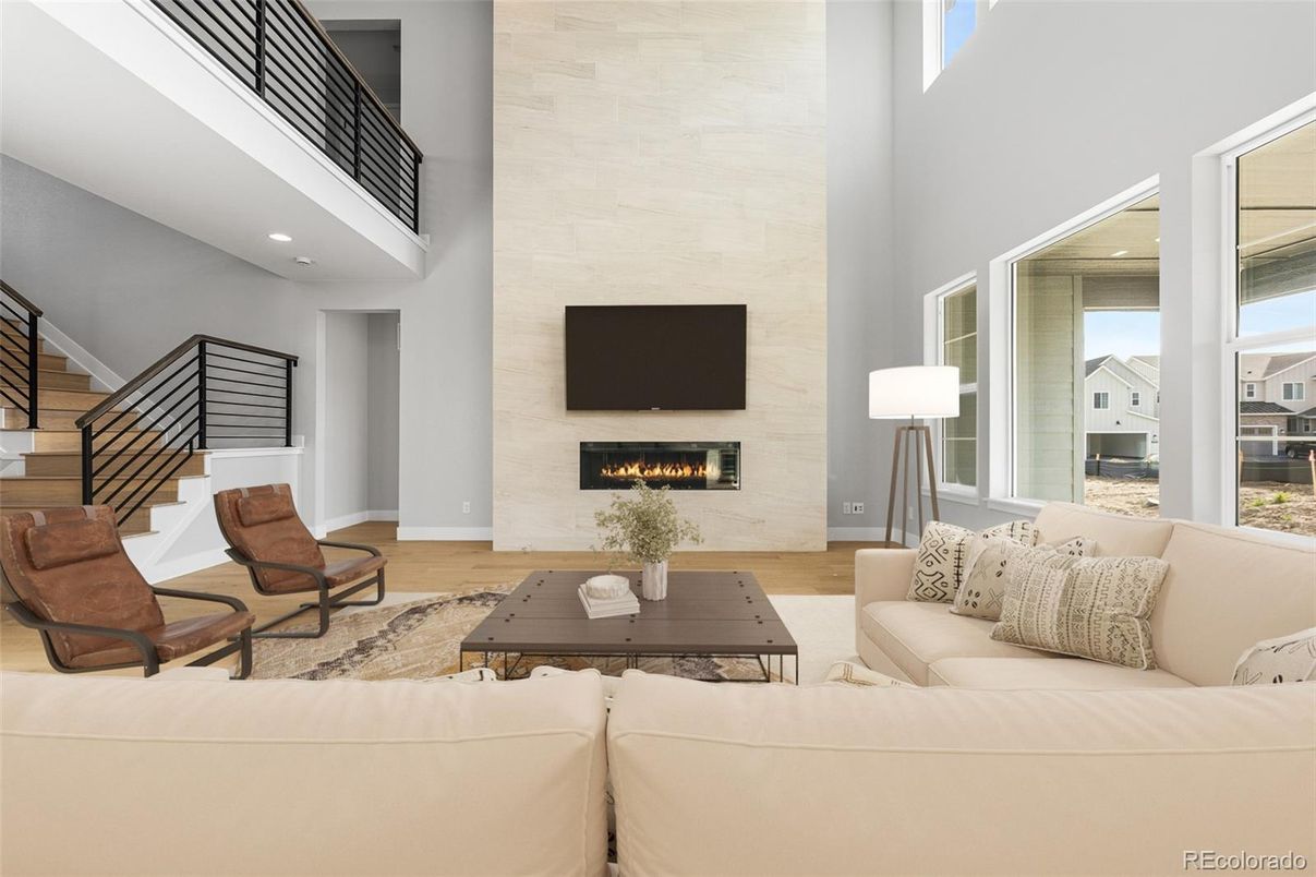 Fireplace, Interior, Living room, Recessed Lighting, Stone Walls, Wood Texture Flooring
