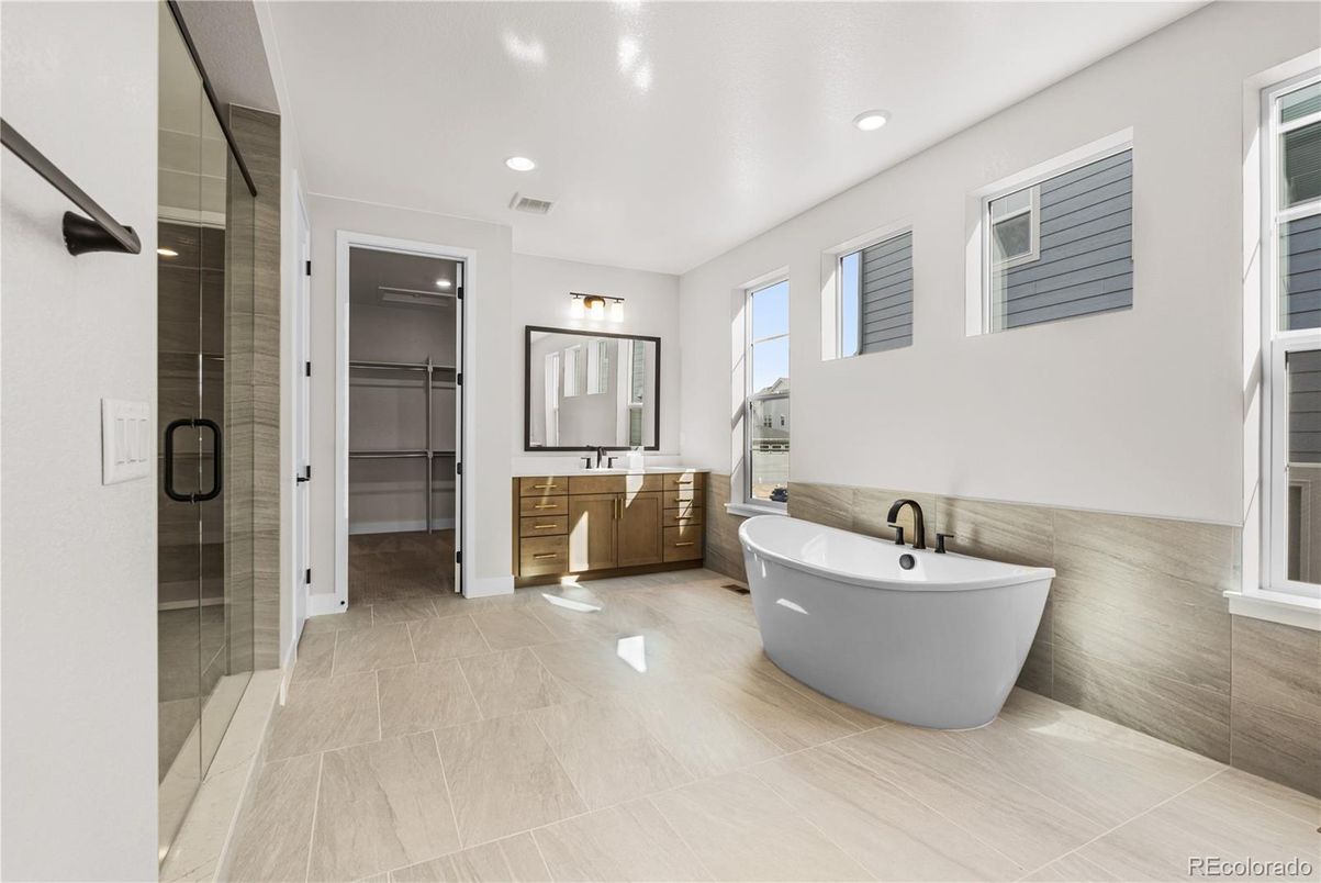 Bathroom, Dual Sink Vanities, Free Standing Baths, Glass Shower, Interior, Recessed Lighting