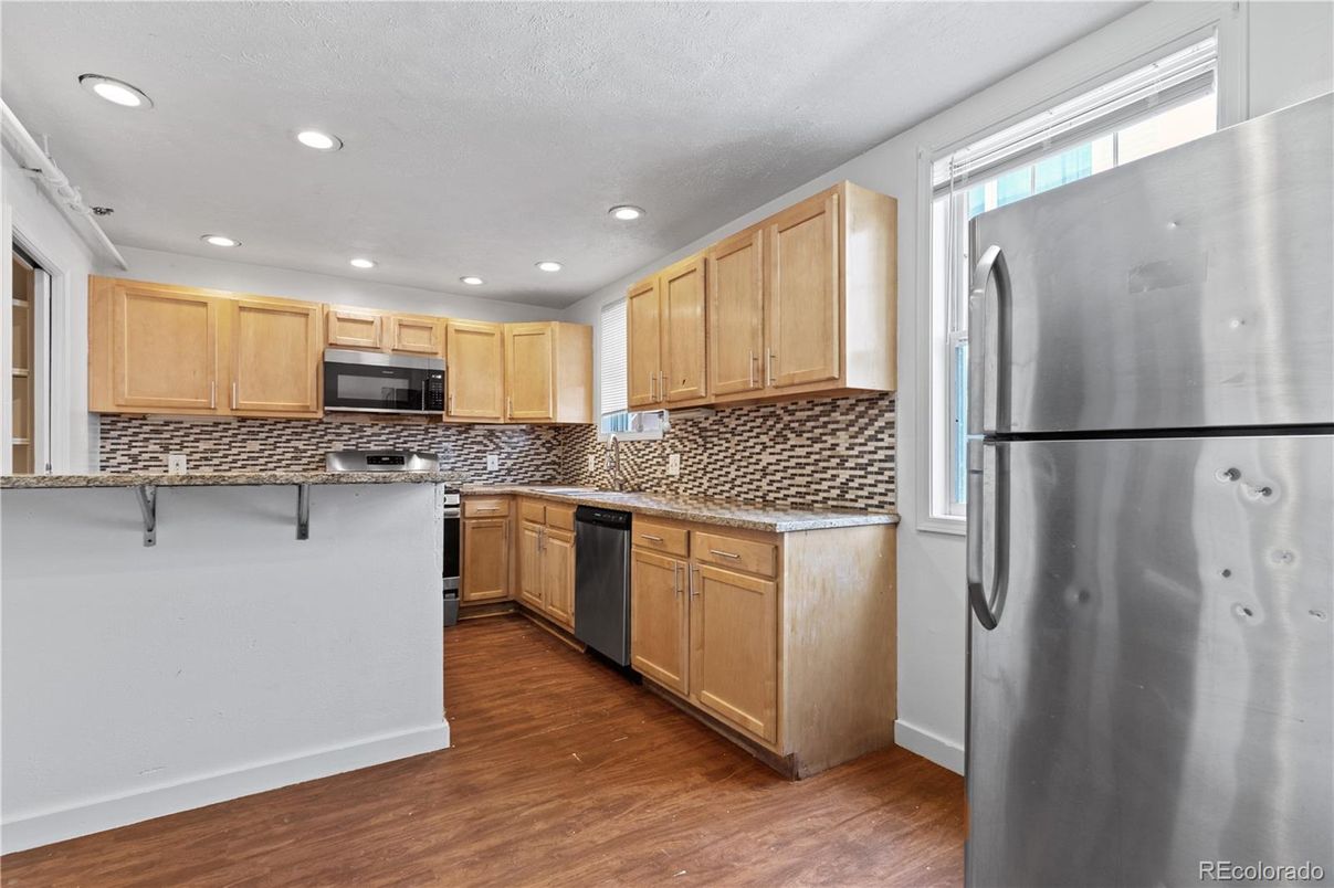 Interior, Kitchen, Recessed Lighting, Stainless Steel Appliances, Wood Texture Flooring