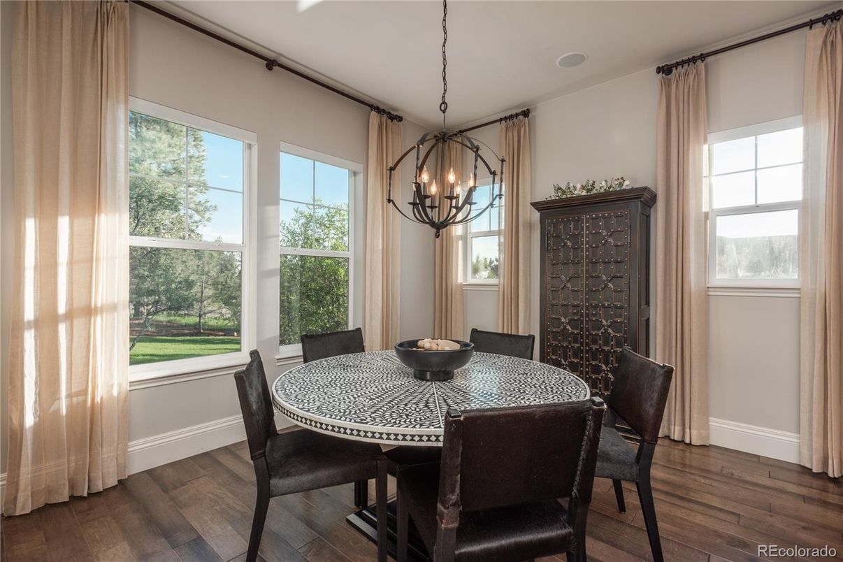 Chandelier, Dining room, Interior, Pendant Lights, Wood Texture Flooring