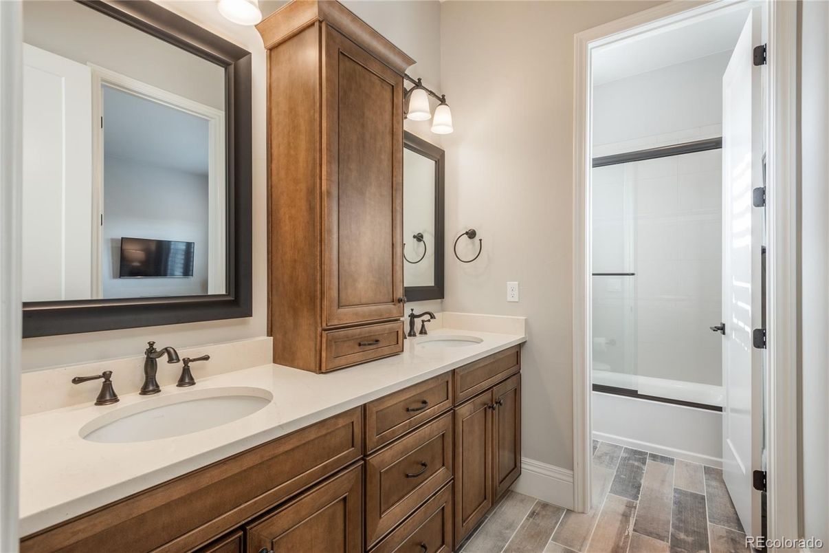 Bathroom, Dual Sink Vanities, Glass Shower, Interior, Wood Texture Flooring