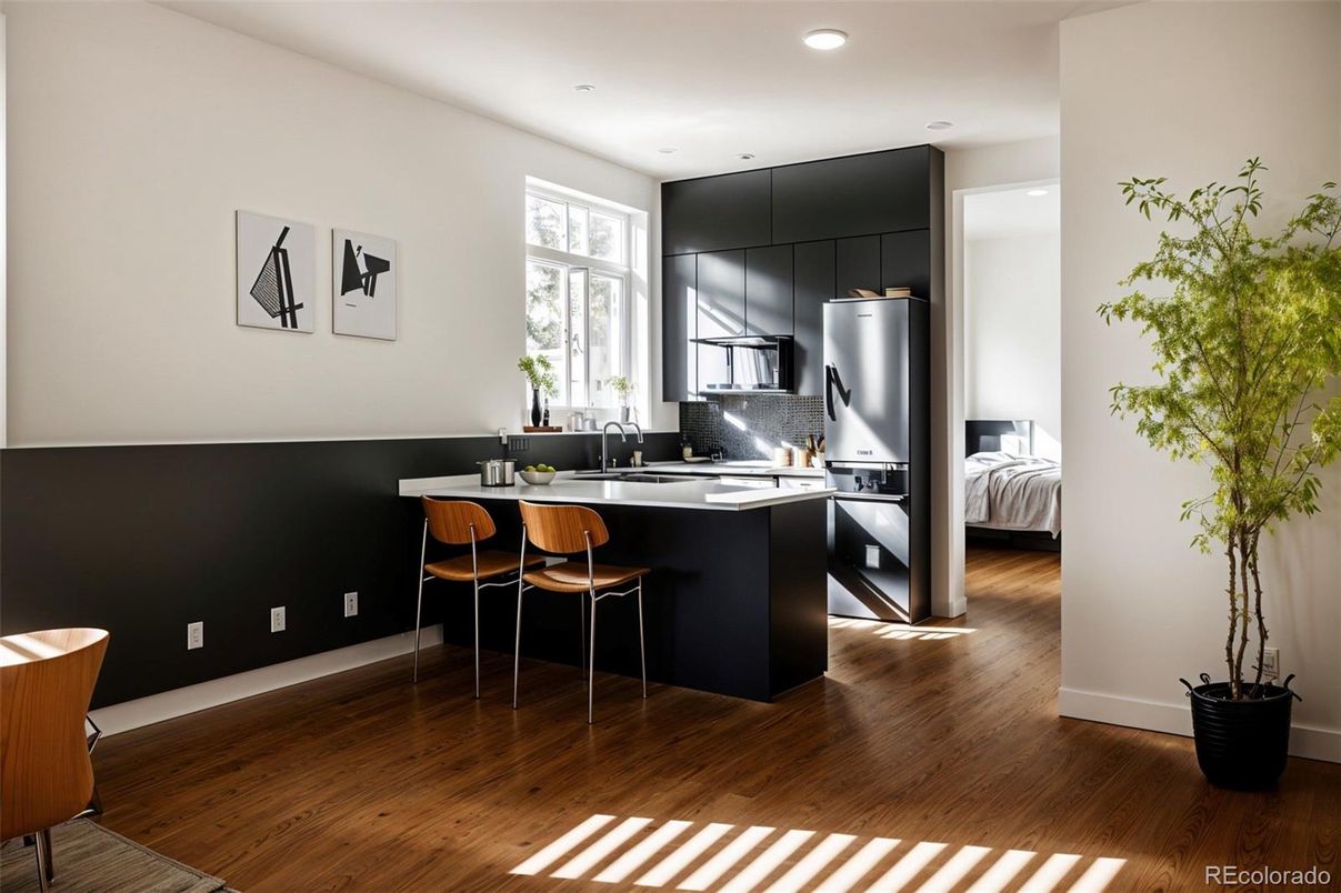 Interior, Kitchen, Recessed Lighting, Stainless Steel Appliances, Wood Texture Flooring
