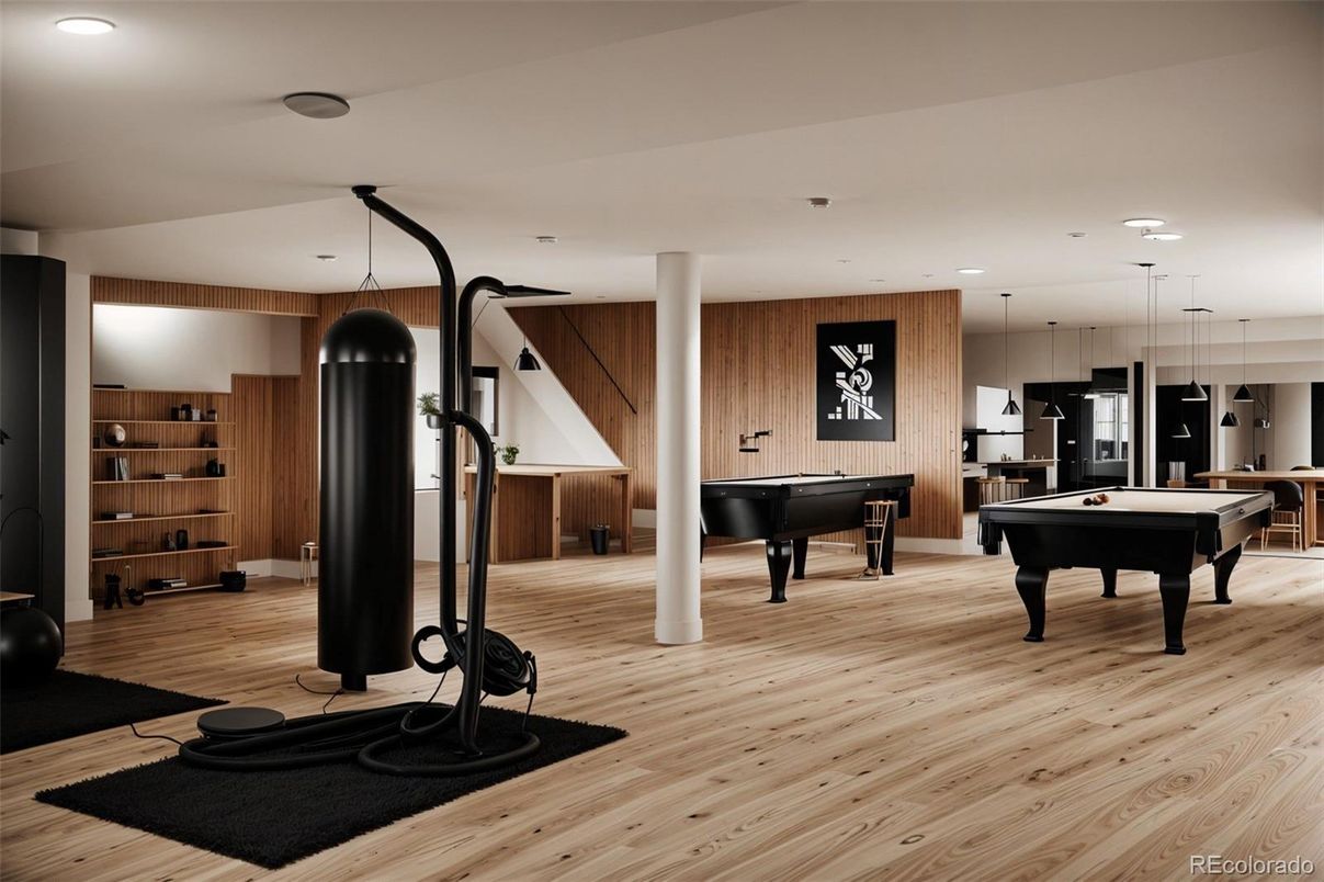 Billiard Table, Game Room, Interior, Pendant Lights, Piano, Recessed Lighting, Wood Texture Flooring, Wooden Walls